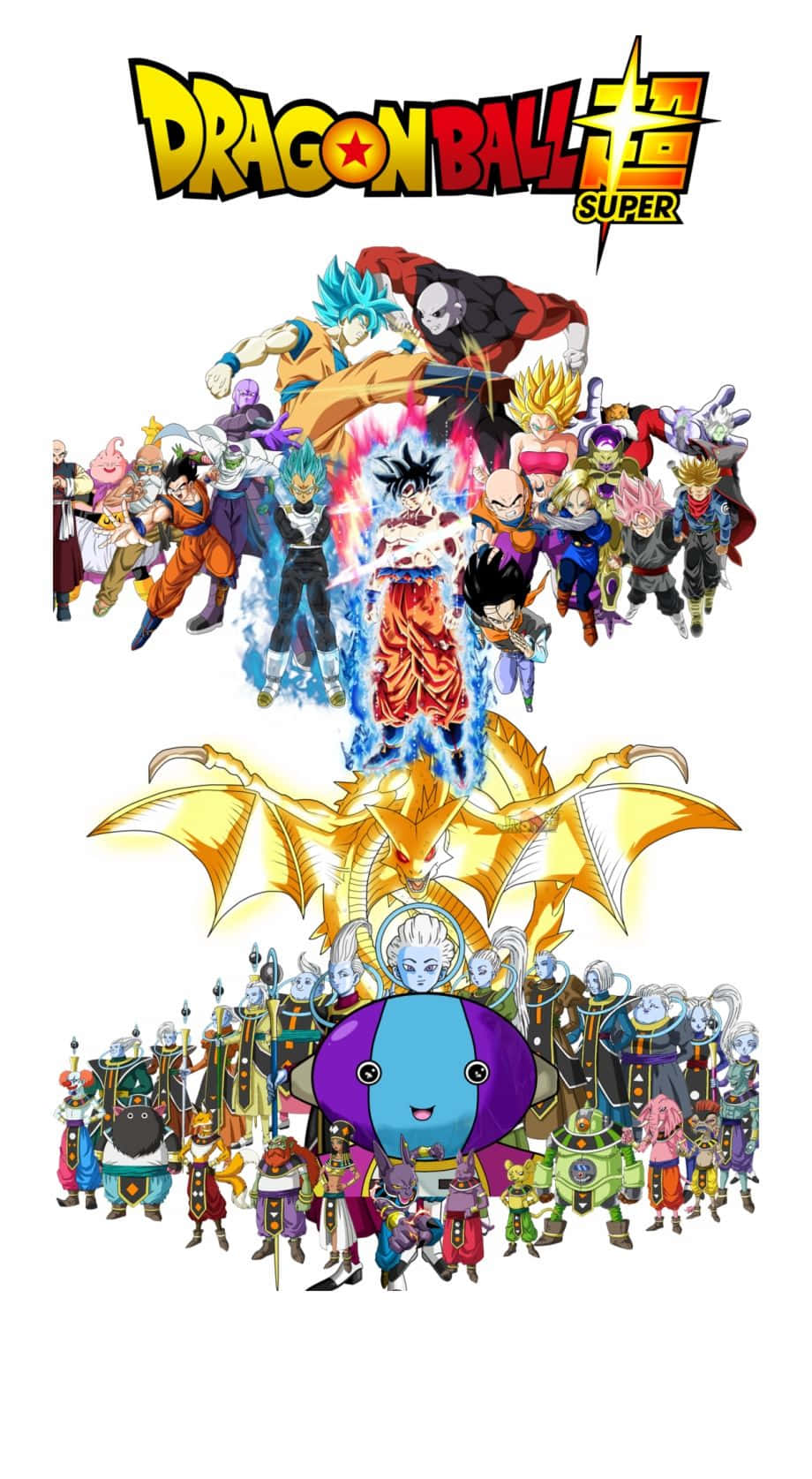 Dragon Ball iPhone 桌布 壁紙 — 龍珠超角色以動態姿勢展現，搭配金龍和藍色能量光環，背景為白色。