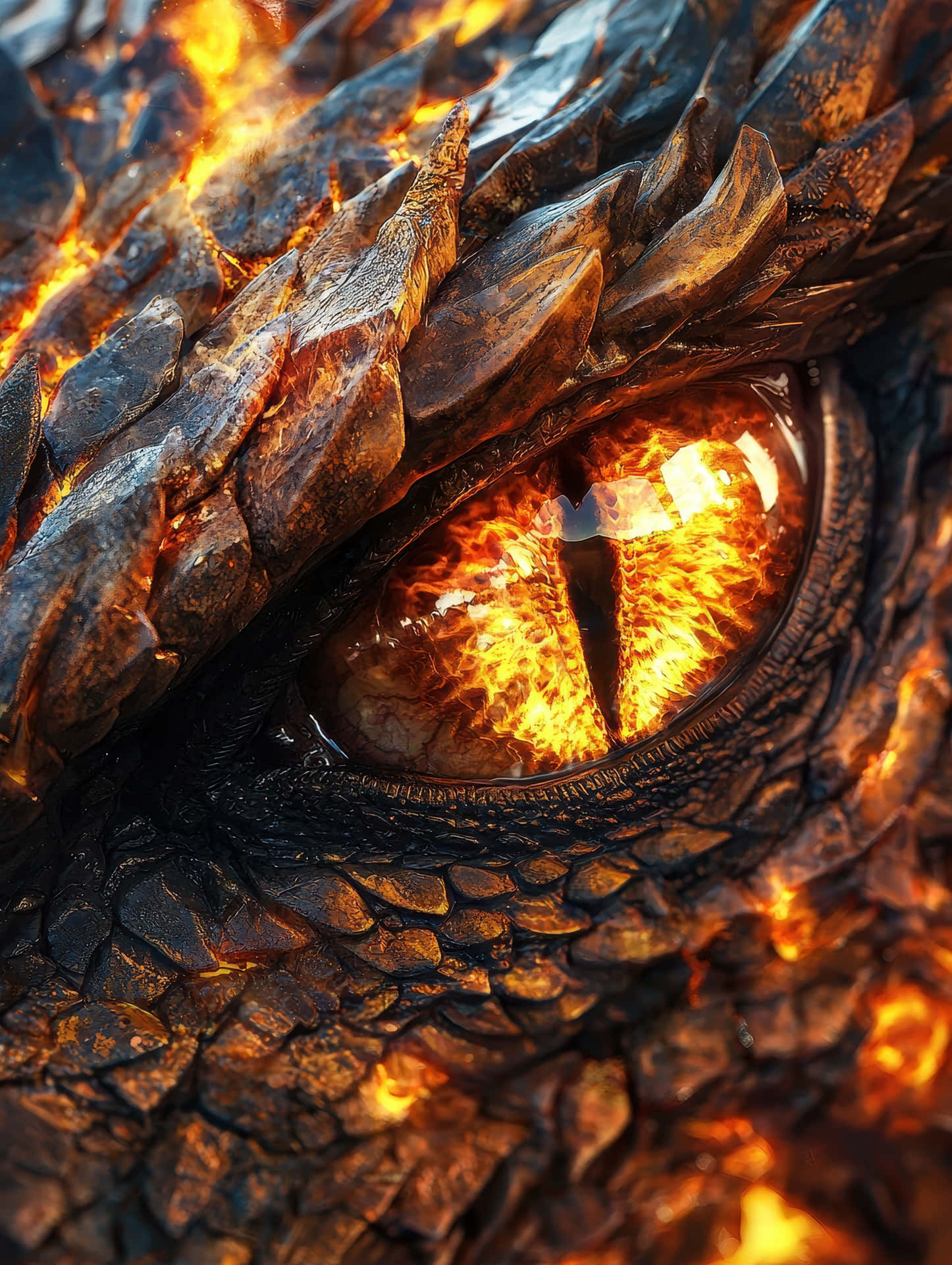 Terrifying Close-Up of a Fiery Dragon Eye with Intense Gaze 壁紙 — 龍眼的特寫，散發出火熱的橙色光芒，周圍環繞著質感粗糙的深色鱗片。