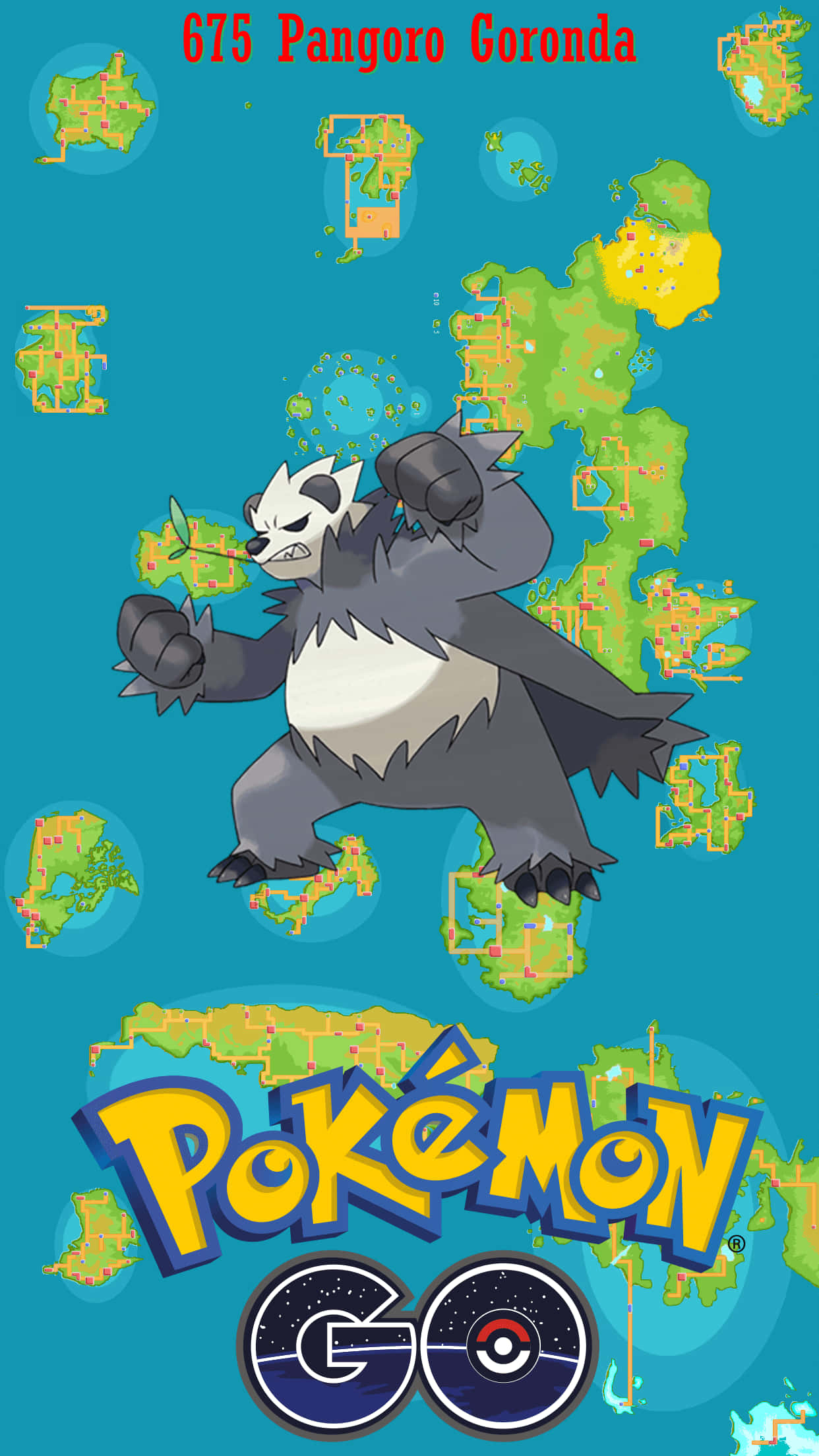 手機 桌布 壁紙 — 龐岩怪在青綠色背景上動態站立，周圍漂浮著Pokémon GO地圖碎片，下方是遊戲標誌。