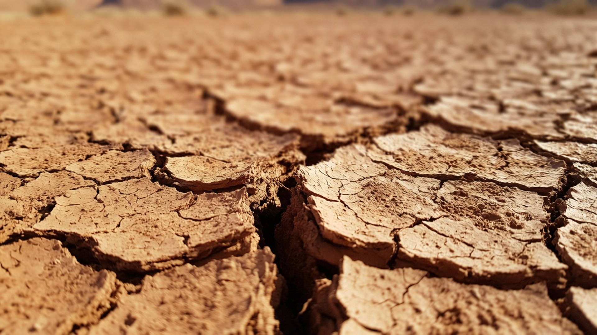 龜裂的沙漠地表 壁紙 — 溫暖陽光下乾裂土地的近距離特寫，深裂縫揭示乾旱沙漠地形。