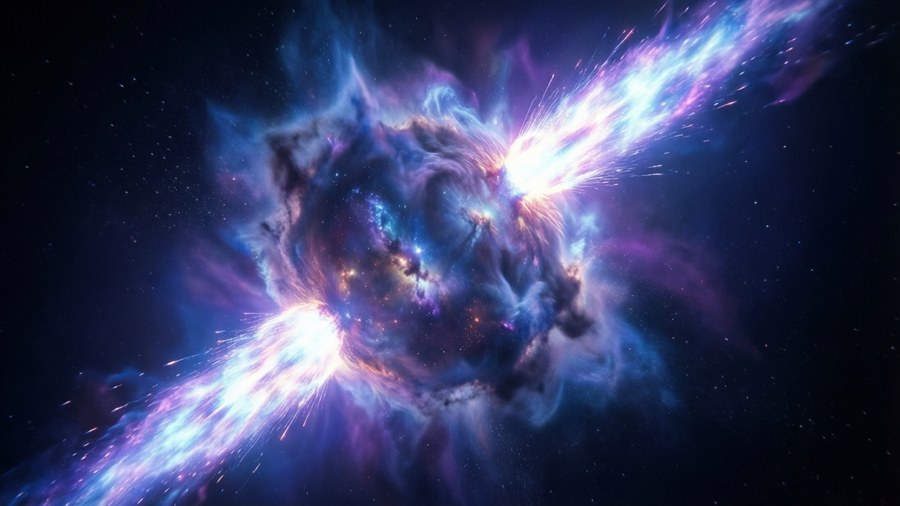 一個宇宙星雲在繁星點綴的黑色虛空中噴岀藍色和紫色噴流。