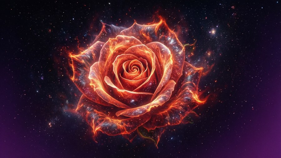 一朵由火焰和星星組成的發光宇宙玫瑰漂浮在深紫色的銀河中。