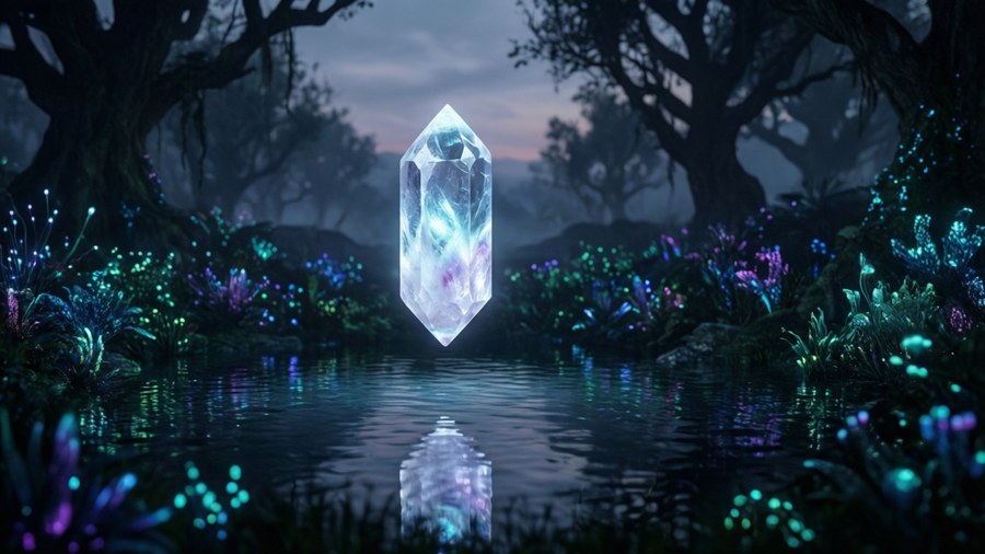 黃昏時分，魔法森林中的池塘上漂浮著發光的水晶。