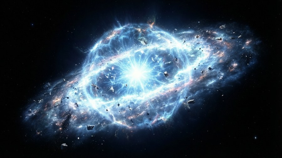 一個發光的藍色星雲，小行星在深空中漂浮。