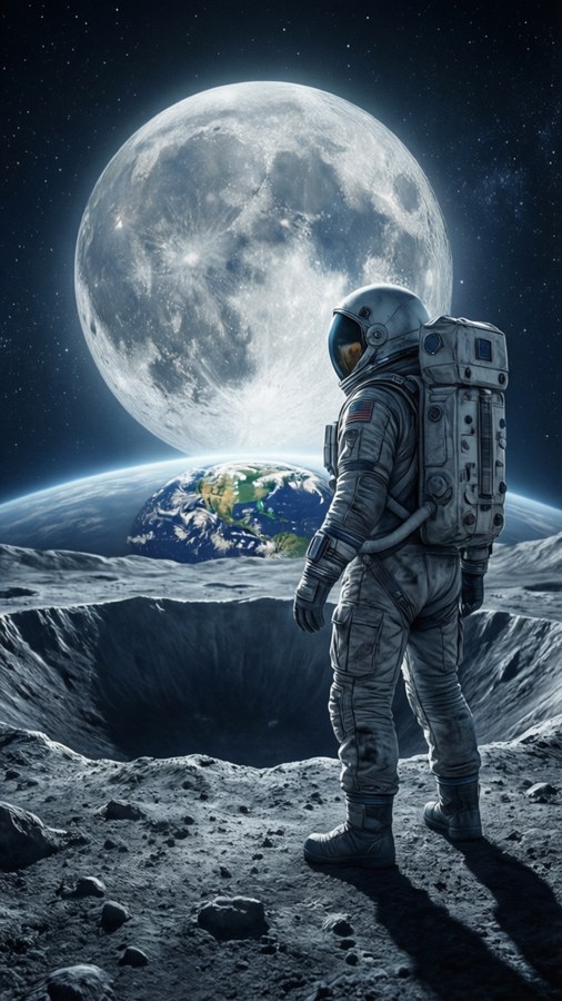 月球上的太空人看著地球和太空中的巨大月球