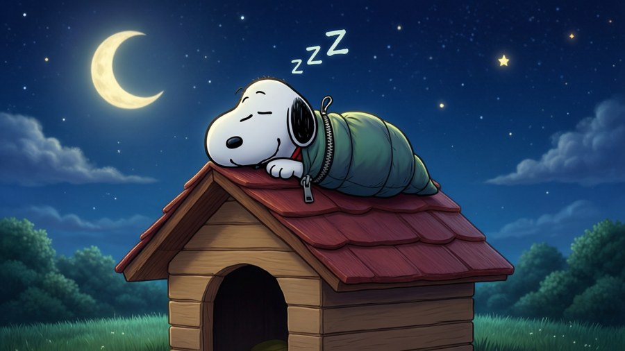 Snoopy sleeps peacefully under the stars in his sleeping bag.