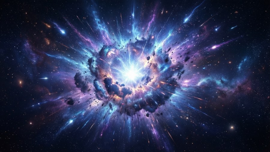 在深空中，充滿活力的宇宙爆炸，帶有藍色和紫色的星雲以及散落的星星。