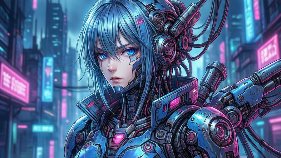 A cool anime cyborg in a cyberpunk city with mechanical parts.