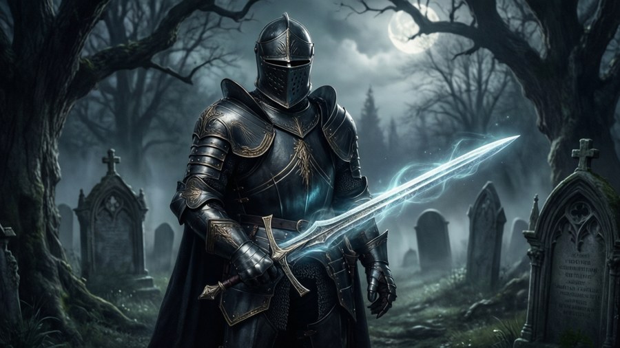 A dark knight with glowing sword stands in a misty graveyard.
