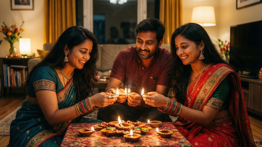 A heartwarming candid moment of a family lighting diyas together during Diwali.