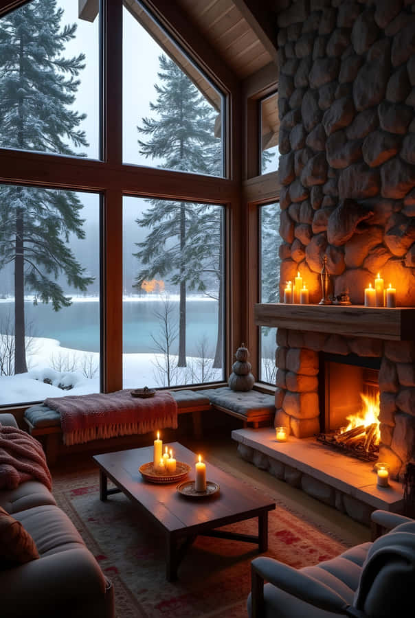 cabin,interior,fireplace,winter,snow,forest,lake,window,cozy,candles,comfort,rustic,stone wall,living room,warmth,peaceful,serene,nature view,holiday,relaxation