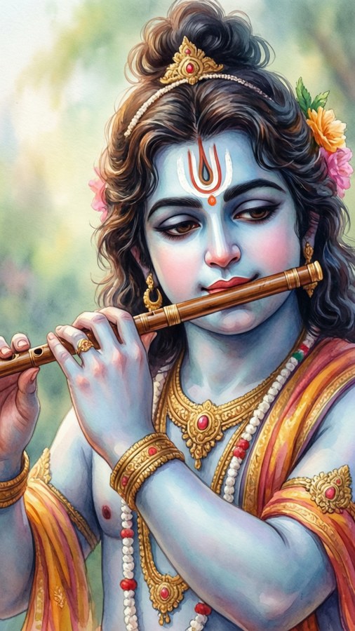 Krishna flute close-up watercolor art