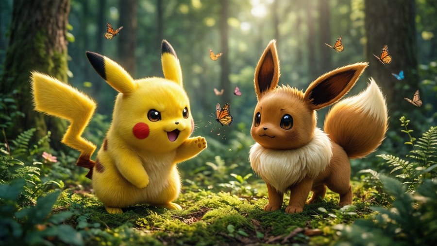 Pikachu and Eevee enjoy a playful day in the forest.