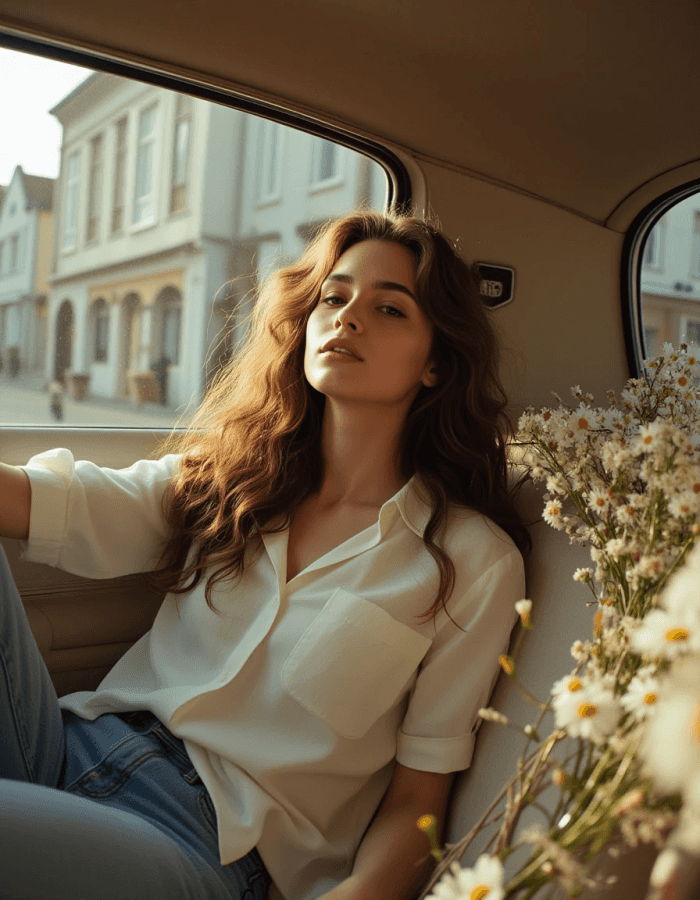 cozy,aesthetic,girl,car interior,back seat,soft lighting,vintage style,dreamy,peaceful,moody,warm tones,cinematic,relaxed,solitude,introspective,cozy vibes,road trip,ambient light,quiet moment,modern art