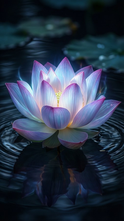 Luminous lotus flower on dark water, calm and vibrant for AMOLED.