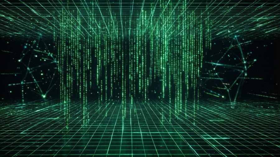 在黑暗的科幻環境中，綠色數位代碼流落在發光的網格地板上。