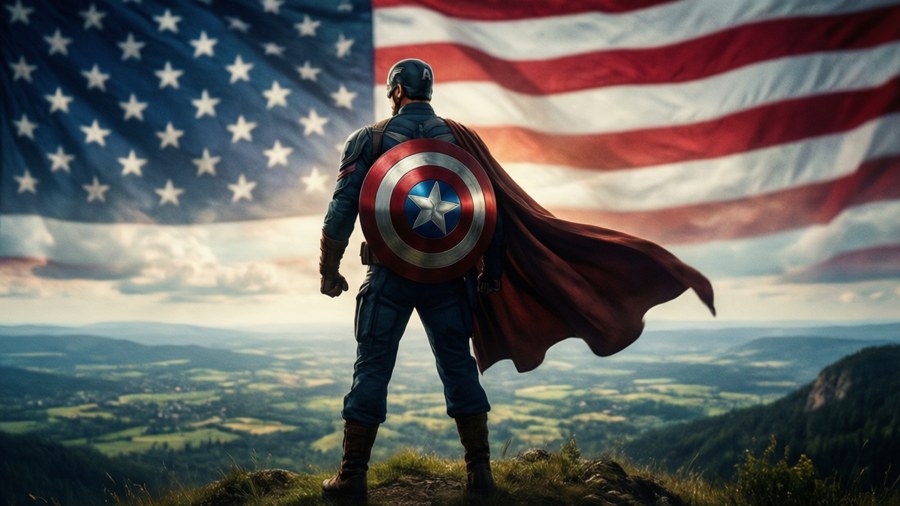 Captain America oversees a sprawling vista with the flag in the sky.