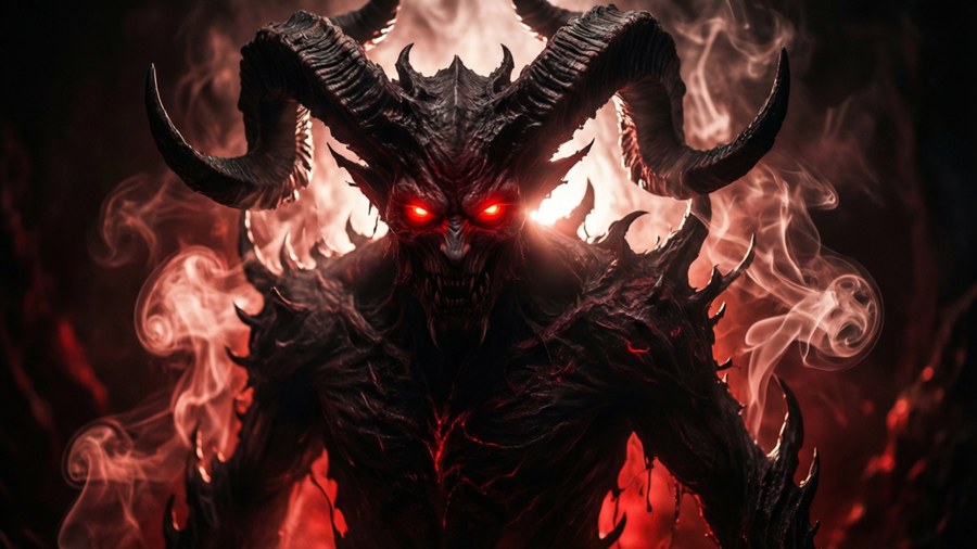 Demonic figure with fiery eyes in the dark