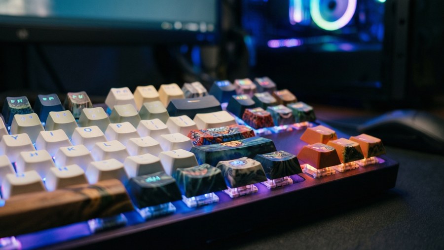 A detailed view of a mechanical keyboard with custom keycaps and glowing backlight.