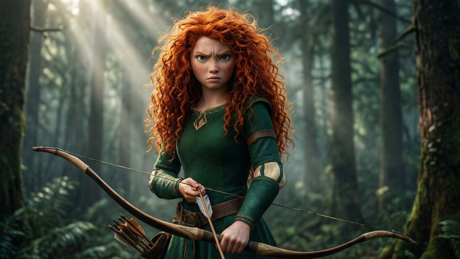 Merida aims her bow in a misty woodland