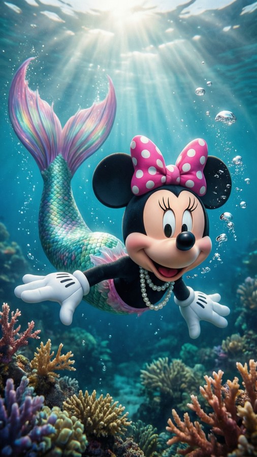 Minnie Mouse as a mermaid with polka dot tail, underwater fantasy scene
