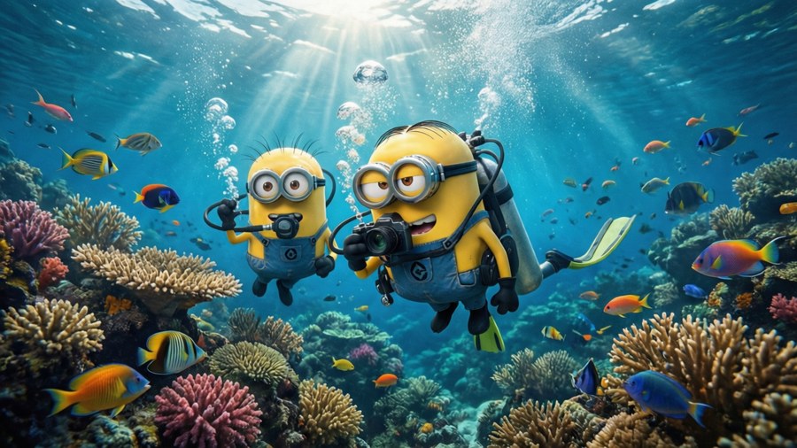 Minions exploring a colorful coral reef underwater.