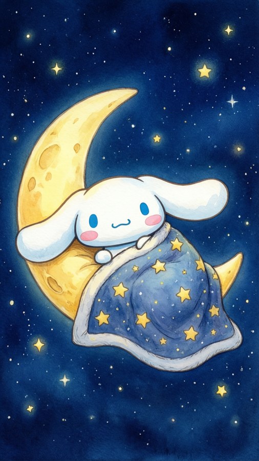 Cinnamoroll sleeping peacefully on a crescent moon.