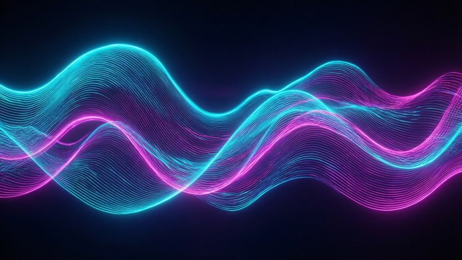 A futuristic background with neon cyan and magenta digital waves, evoking a synthwave aesthetic.
