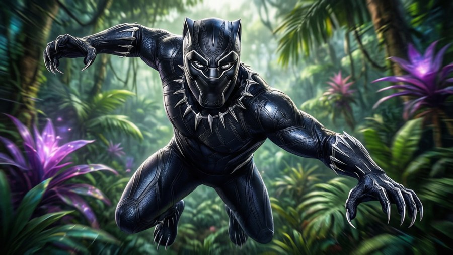 Black Panther leaps in the Wakandan jungle.