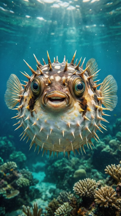 Inflated pufferfish meme underwater