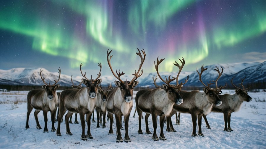 Reindeer in a snowy meadow with stunning northern lights.