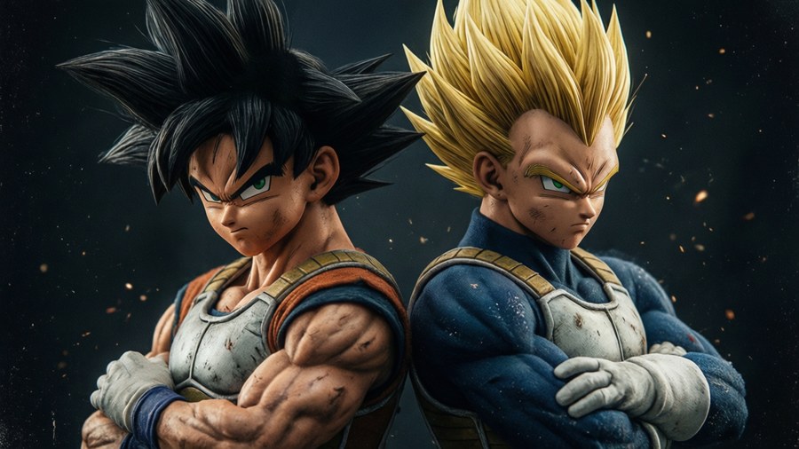 Goku and Vegeta back-to-back in Saiyan armor.