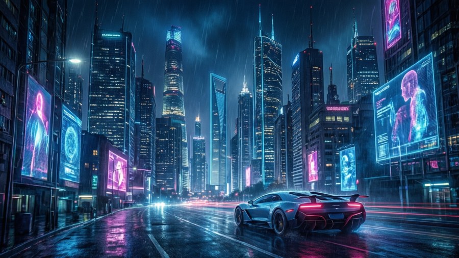 時尚跑車在夜晚疾馳穿過霓虹燈光雨濕的未來城市。
