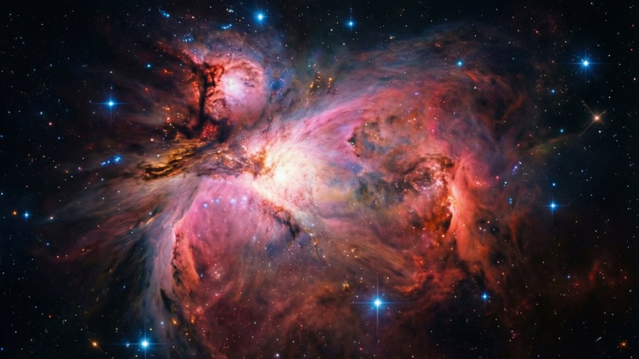 一個色彩繽紛的星雲，在深空中帶有發光的雲和明亮的星星。