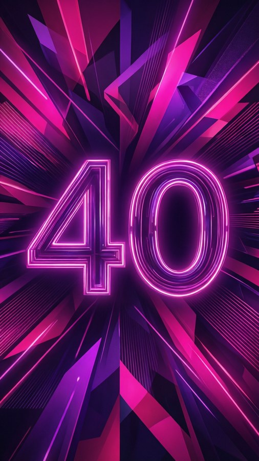 霓虹粉紅和紫色數字40在幾何背景上發光。