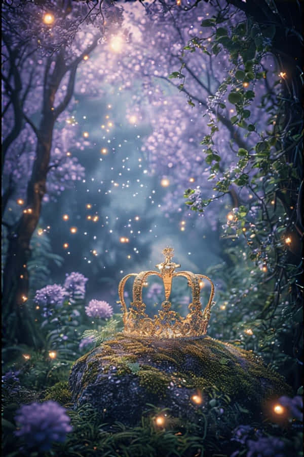 whimsical,Disney,fairy tale,forest,glowing,vines,golden crown,mossy rock,lavender