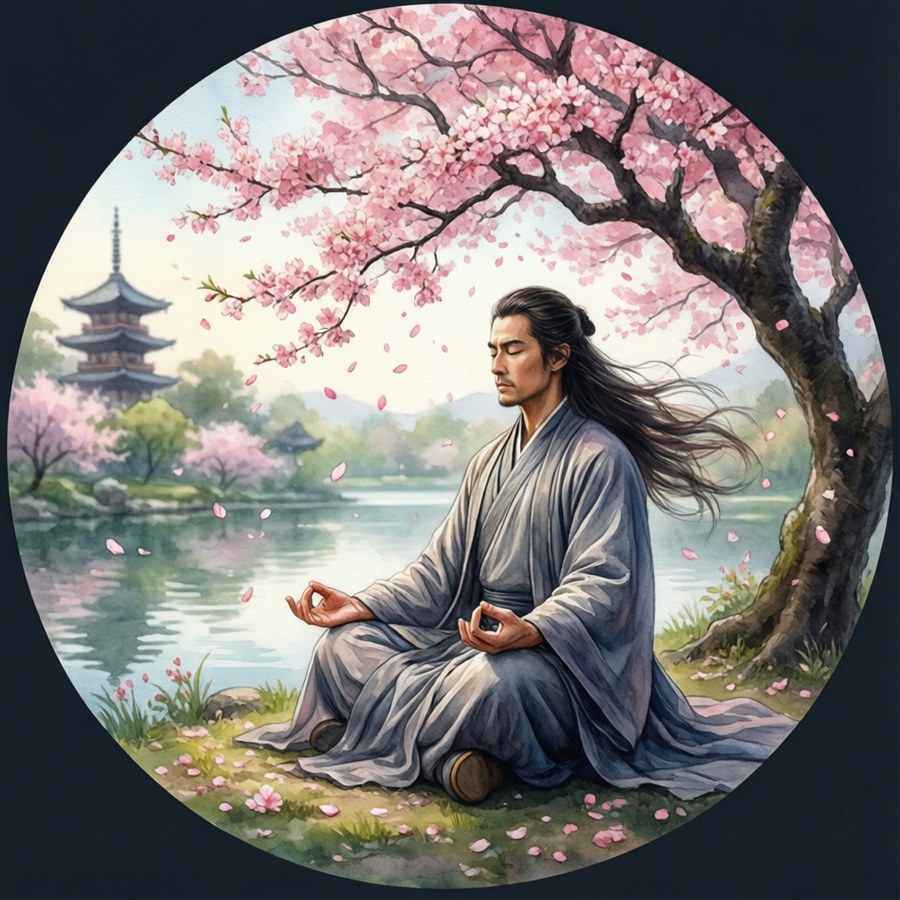 男人在櫻花樹下池塘邊冥想，有塔