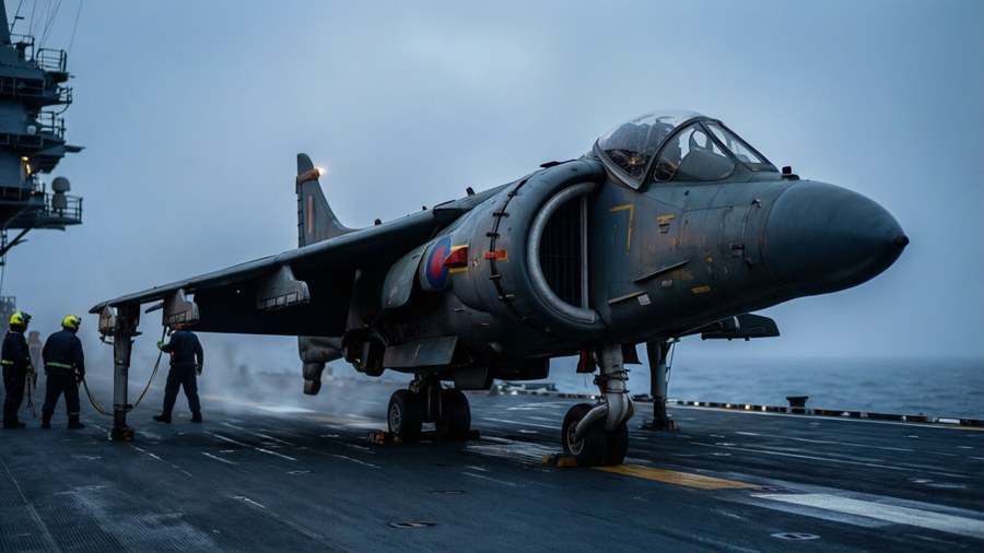 軍用噴射機在航空母艦甲板上，機組人員在暴風雨黃昏時準備發射。