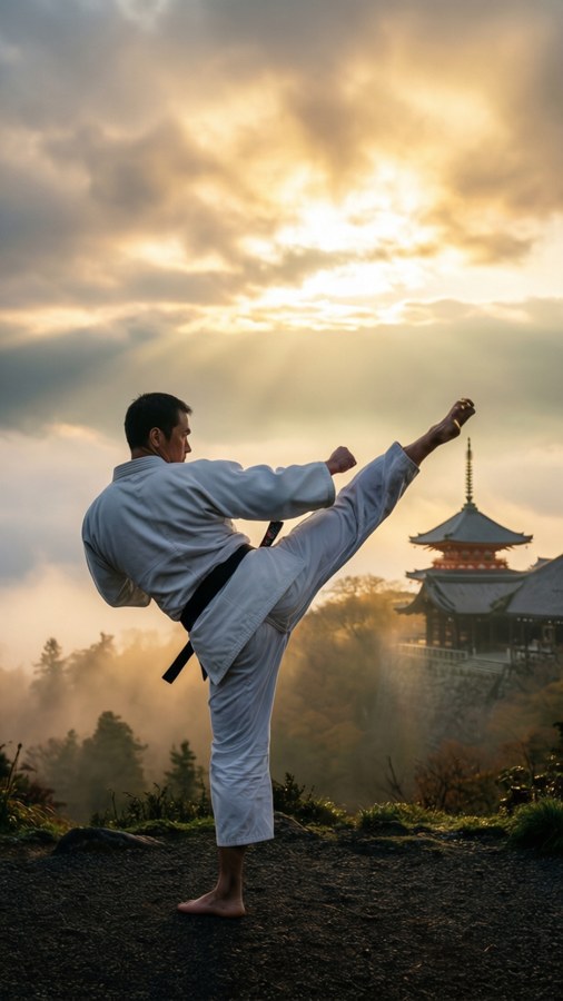 武術家在寺廟附近的懸崖上於日出時高踢