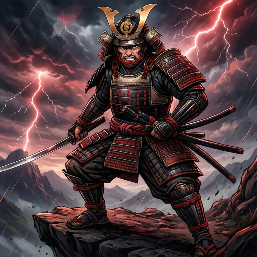 身穿紅黑盔甲的武士在雷暴中手持劍站在懸崖上。