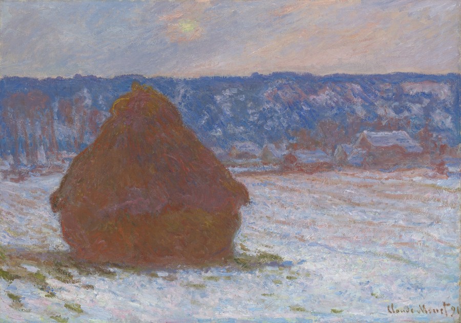 克勞德·莫內的《乾草堆（雪景效果，陰天）》，創作於1890–91年，油畫布面。下載這幅藝術作品作為桌面、平板或手機的高解析度桌布。