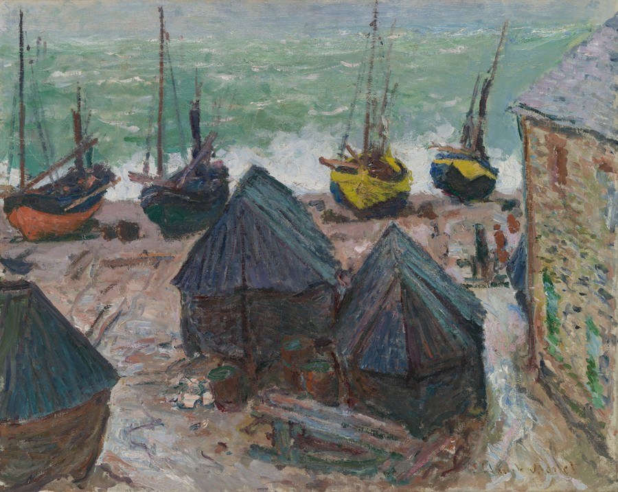 克勞德·莫內的《埃特塔海灘上的船隻》，創作於1885年，油畫作品。下載此藝術作品作為桌機、平板或手機的高解析度桌布。
