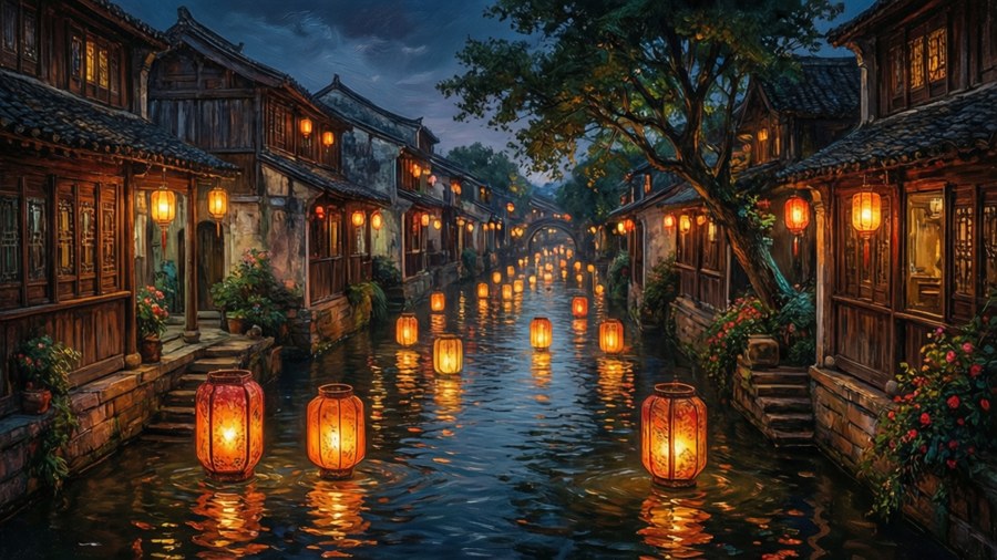歷史悠久的運河上漂浮著燈籠，倒映在水面上，傳統建築在夜晚燈火通明。