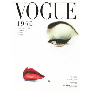 1950年1月Vogue雜誌封面， featuring 女性眼睛和紅唇。 — 白色美學動圖 壁紙