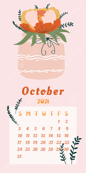 2021年10月日曆，粉紅色背景上帶有花罐插圖。 — 18:9 壁紙