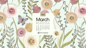 2021年3月日曆，帶有水彩花卉背景和蝴蝶。