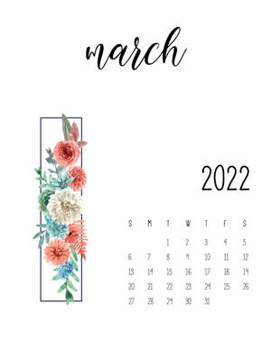 2022年3月月曆，左側有水彩花卉。 — 三月 壁紙