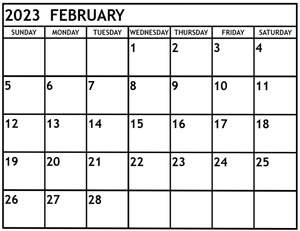 2023年2月日曆，以網格佈局顯示日期。
