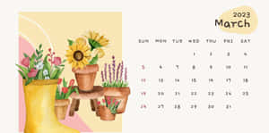 2023年3月盆栽花水彩風格月曆 — 三月 壁紙