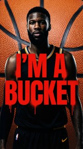 籃球運動員，在巨大的籃球背景上有紅色滴落文字寫著「I'M A BUCKET」。